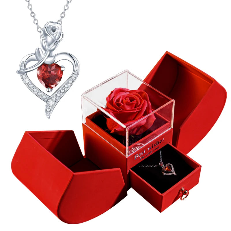 Gifts for Women Eternal Rose Box Heart Pendant Necklace Forever Flower Jewelry Case Wedding Mothers Day Jewelry Girlfriend Gift