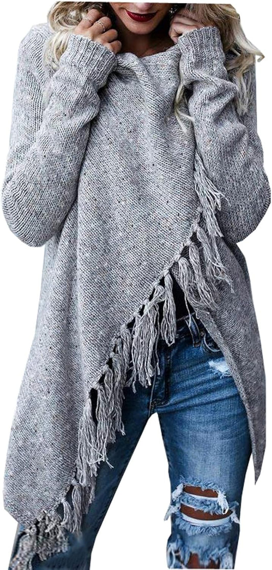 Women'S Open Front Knited Tassels Slash Loose Cardigan Crew Neck Speckled Fringe Sweater Outwear